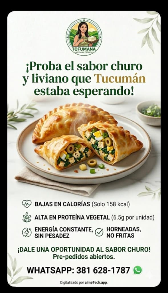 Flyer Tofumana: empanadas de tofu artesanales, beneficios y contacto WhatsApp